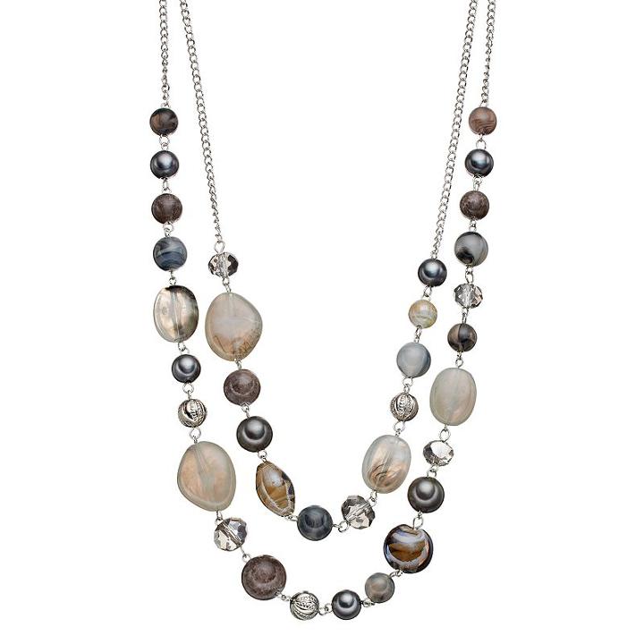 Gray Beaded Double Strand Necklace, Women's, Grey