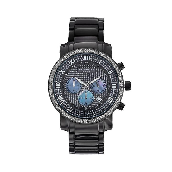 Akribos Xxiv Men's Lux Diamond Stainless Steel Chronograph Watch, Black