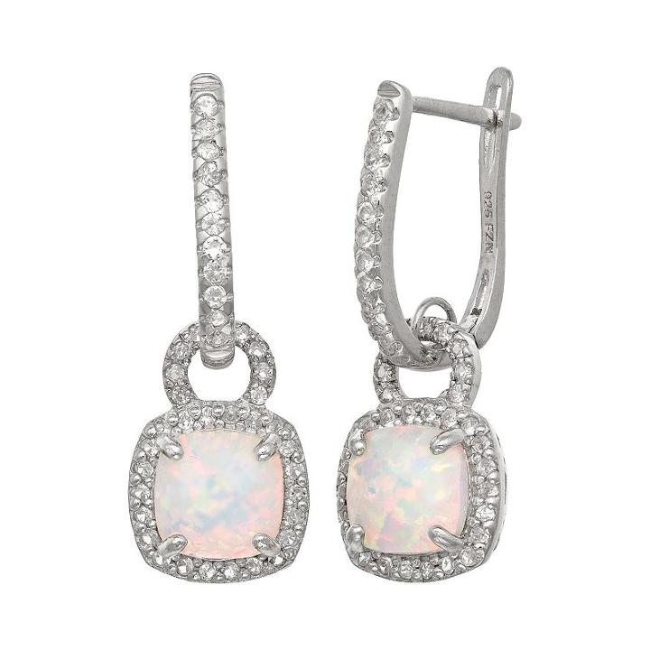 Sterling Silver Lab-created Opal And Lab-created White Sapphire Square Halo Drop Earrings, Women's