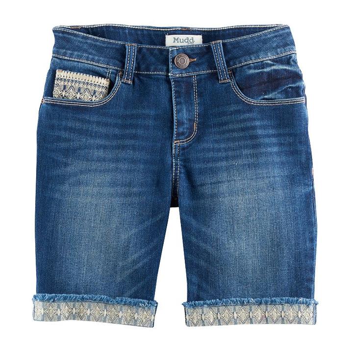 Girls 7-16 Mudd&reg; Embroidered Hem Dark Wash Denim Bermuda Shorts, Size: 8, Blue