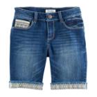 Girls 7-16 Mudd&reg; Embroidered Hem Dark Wash Denim Bermuda Shorts, Size: 8, Blue