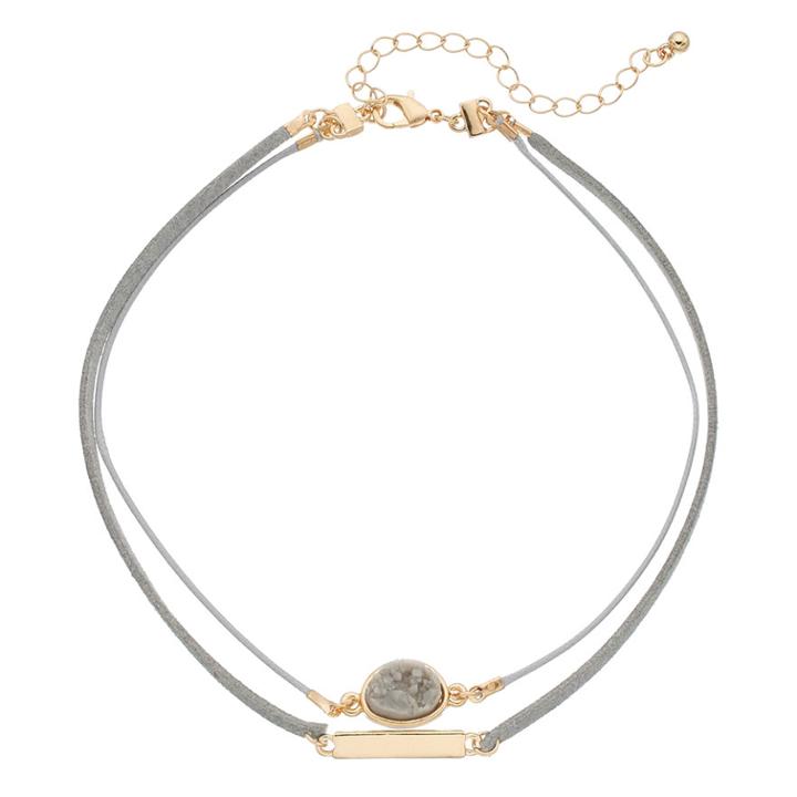 Simulated Drusy & Bar Double Strand Choker Necklace, Women's, Grey