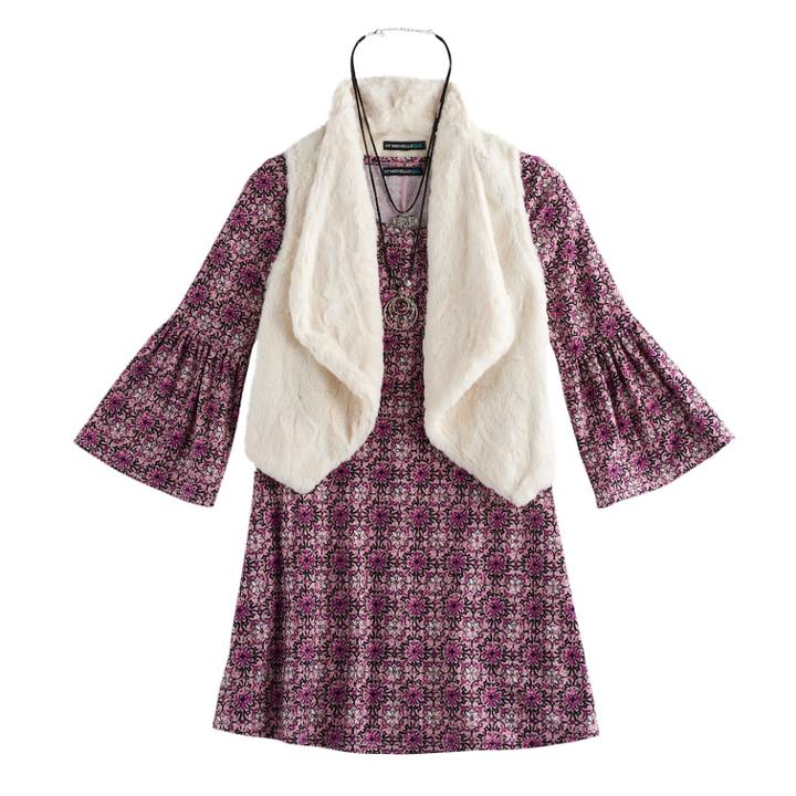 Girls 7-16 My Michelle Faux-fur Vest & Bell Sleeve Dress Set With Necklace, Size: 12, Med Pink