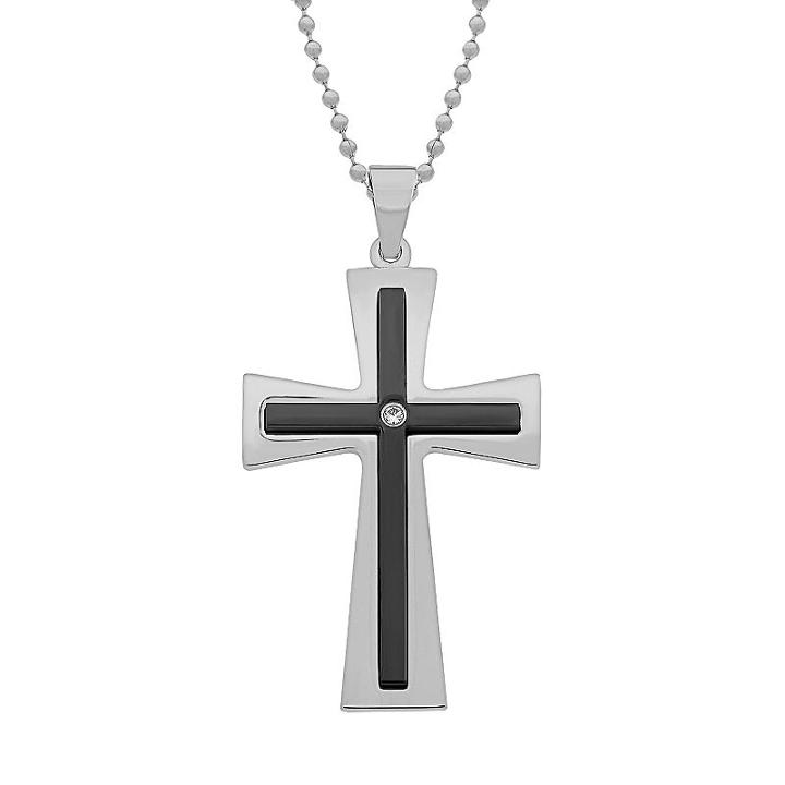 Lynx Stainless Steel Black Ion Cubic Zirconia Cross Pendant - Men