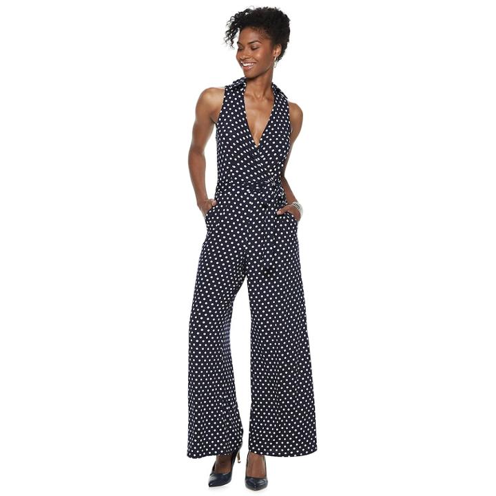 Women's Nina Leonard Print Surplice Wide-leg Jumpsuit, Size: Xl, Blue (navy)