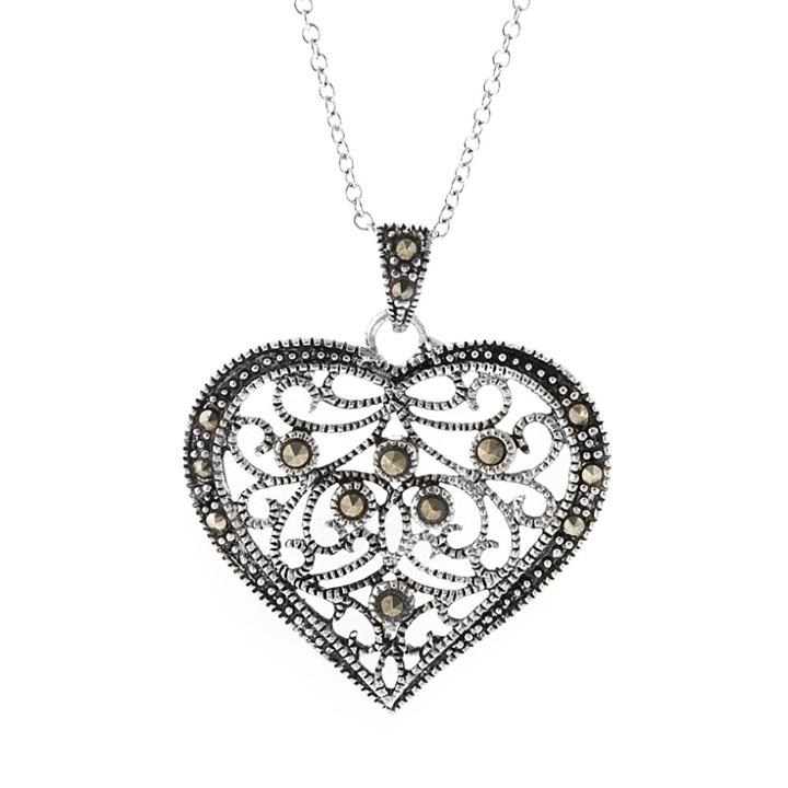 Silver Plated Marcasite Filigree Heart Pendant, Women's, Size: 18