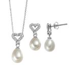 Freshwater Cultured Pearl & Cubic Zirconia Sterling Silver Heart Pendant Necklace & Drop Earring Set, Women's, Size: 18, White