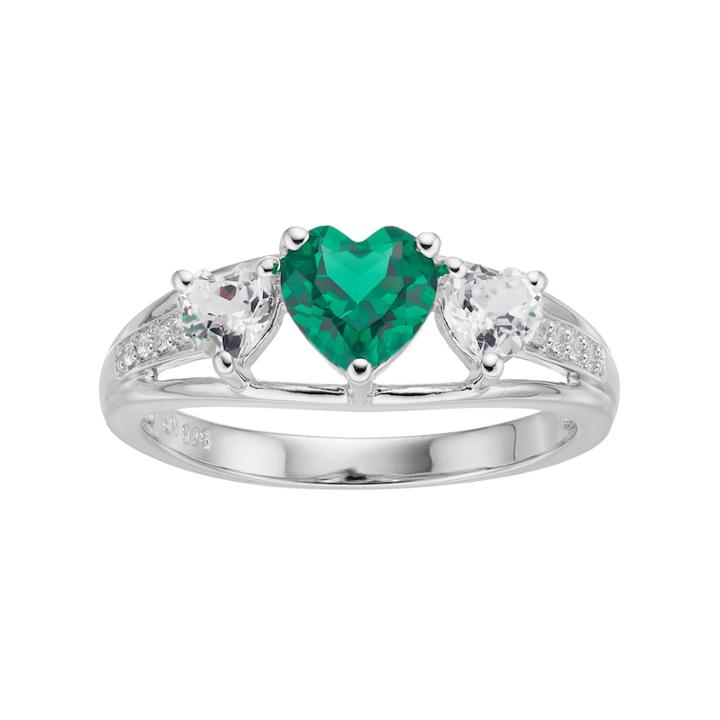 Sterling Silver Simulated Emerald & Lab-created White Sapphire Triple Heart Ring, Women's, Size: 6, Green