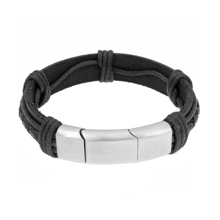 Men's Stainless Steel Magnetic Lock Leather Bracelet, Size: 8.50, Black