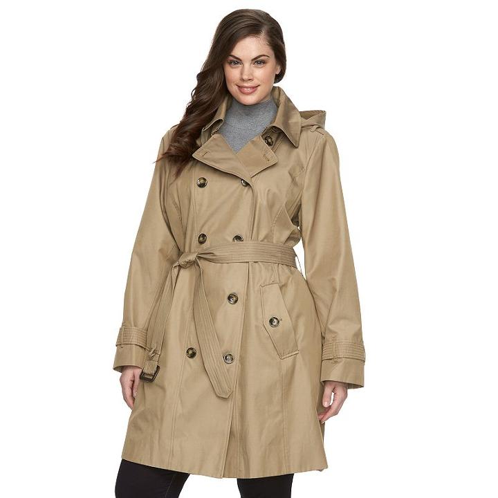 Plus Size Towne By London Fog Hooded Double-breasted Trench Raincoat, Women's, Size: 2xl, Beig/green (beig/khaki)