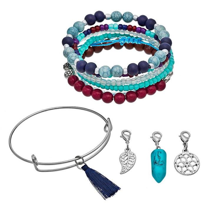 Mudd&reg; Simulated Turquoise Stretch Bracelet, Bangle Bracelet & Removable Charm Set, Women's, Multicolor