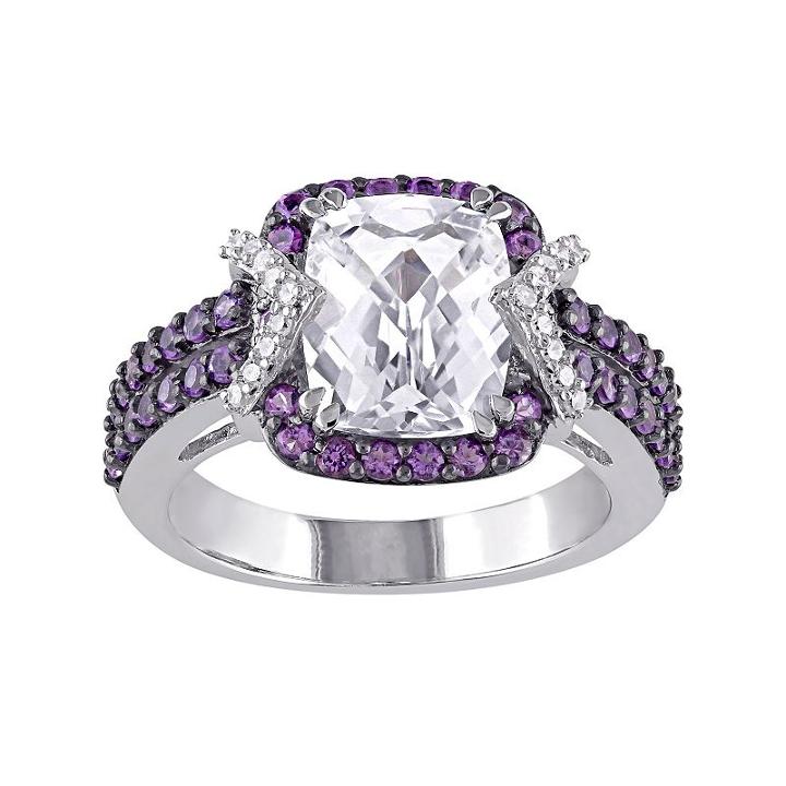 Lab-created White Sapphire, Amethyst & 1/10 Carat T.w. Diamond Sterling Silver Halo Ring, Women's, Size: 5, Purple