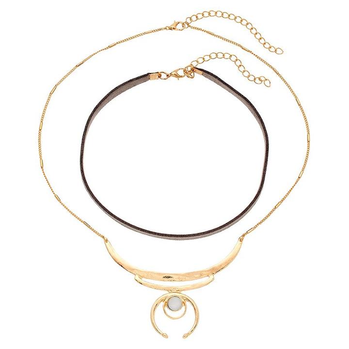 Faux Suede Choker & Crescent Bar Necklace Set, Women's, Gold