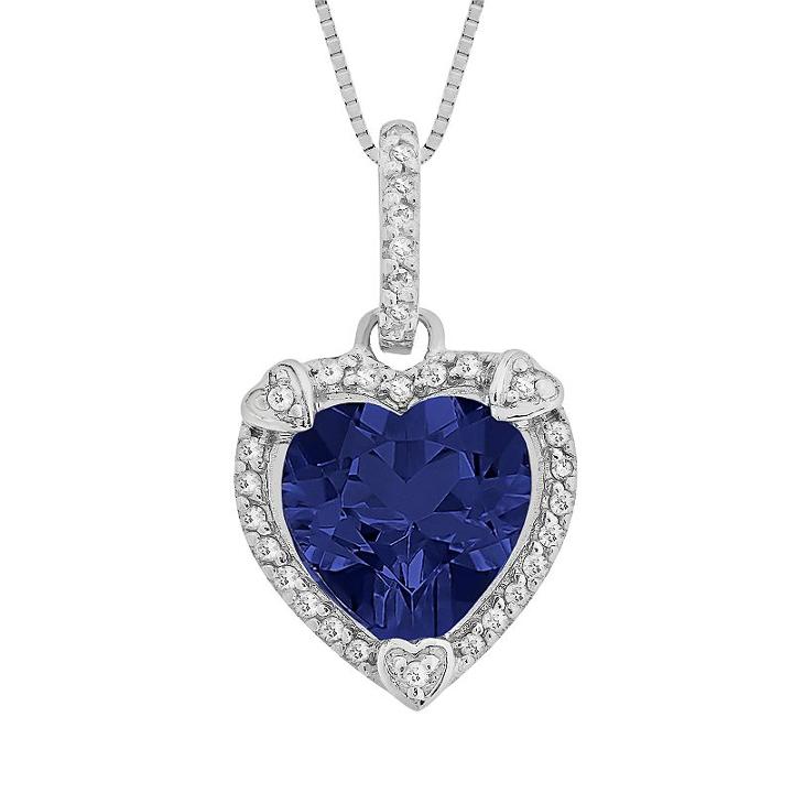 Sterling Silver Lab-created Sapphire And Diamond Accent Heart Frame Pendant, Women's, Size: 18, Blue
