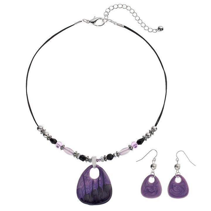 Plus Size Beaded Teardrop Pendant Necklace & Drop Earring Set, Women's, Purple