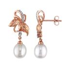 Laura Ashley 10k Rose Gold Freshwater Cultured Pearl & 1/10 Carat T.w. Diamond Leaf Drop Earrings, Women's