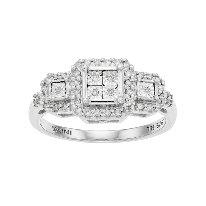 Everlasting Diamonds Sterling Silver 1/5 Carat T.w. Diamond Square Cluster 3-stone Ring, Women's, Size: 7, White