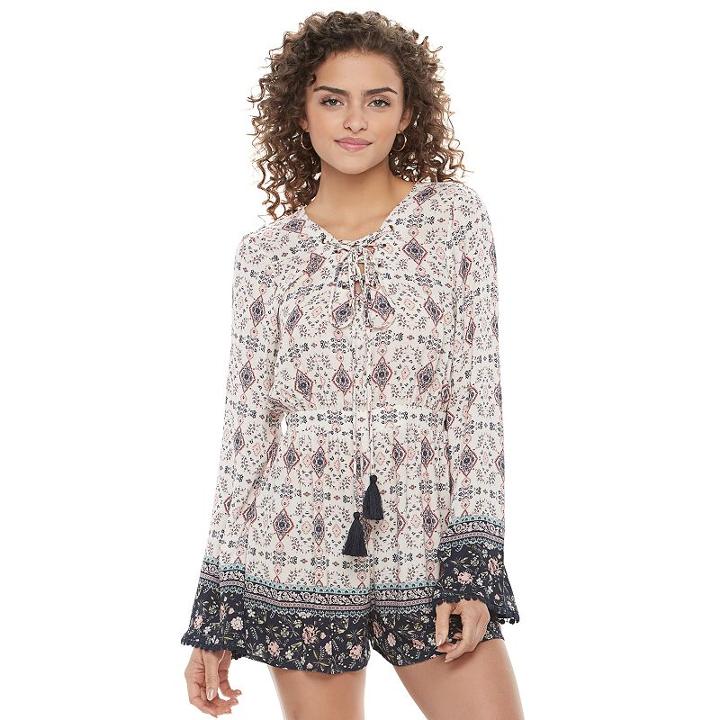 Juniors' Rewind Print Bell Sleeve Lace-up Romper, Girl's, Size: Xl, Natural