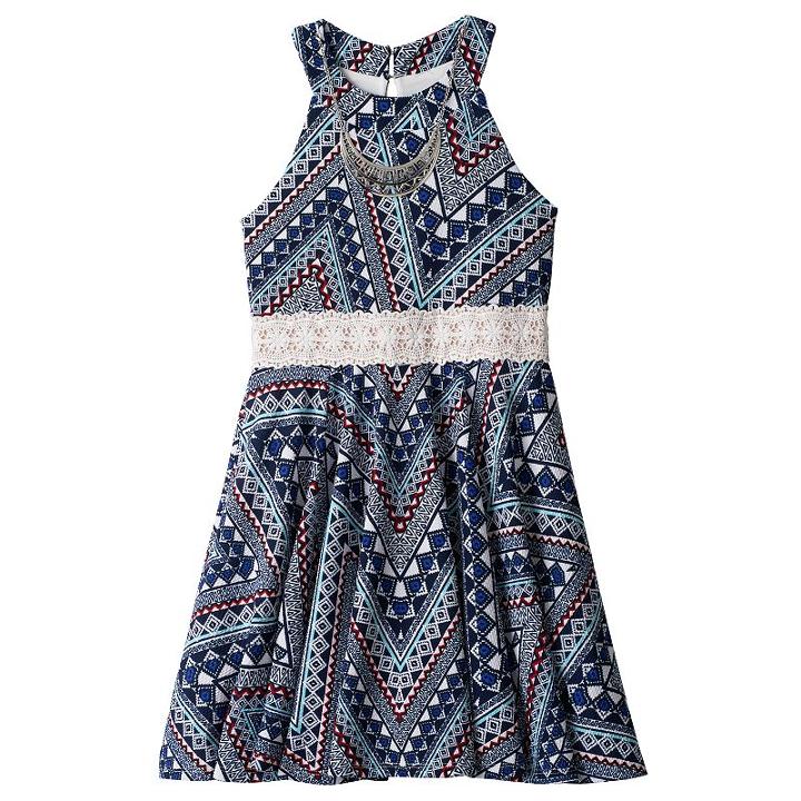 Girls 7-16 Knitworks Printed Lace Trim Halter Skater Dress With Necklace, Girl's, Size: 7, Blue (navy)