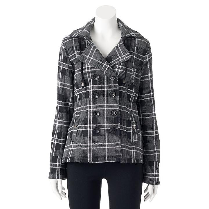 Women's Sebby Hooded Fleece Plaid Double-breasted Peacoat, Size: Small, Grey