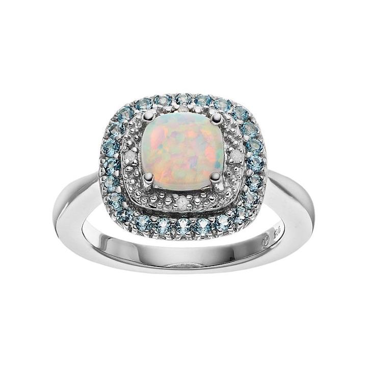 Sterling Silver Lab-created White Opal & Blue Topaz Halo Ring, Women's, Size: 9