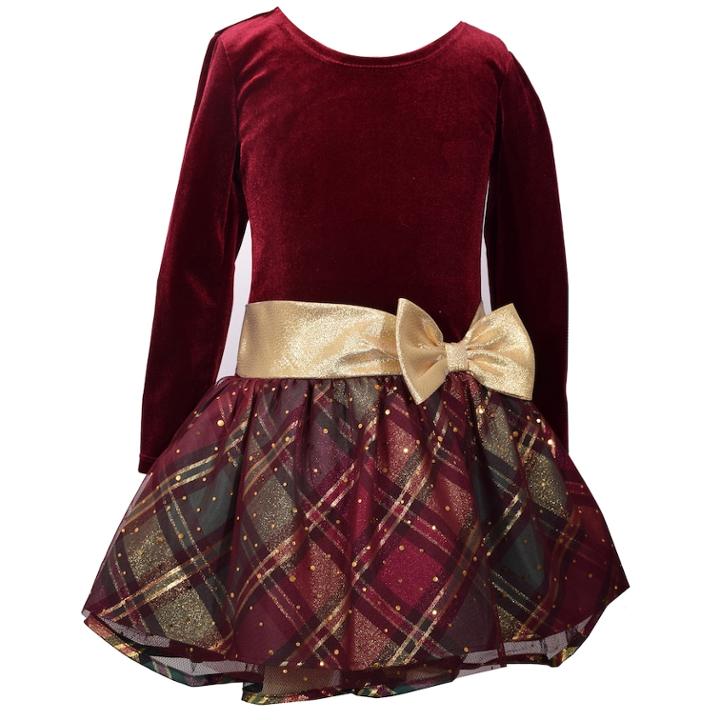 Girls 4-6x Jessica Ann Long Sleeve Velvet Dress, Size: 5, Dark Red
