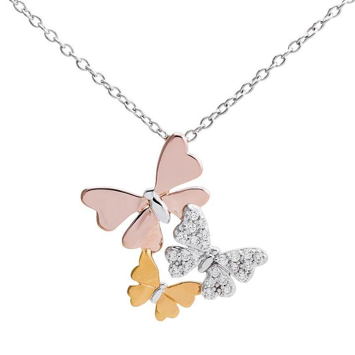 Hallmark Tri-tone Sterling Silver Cubic Zirconia Butterfly Pendant, Women's, Size: 18, White