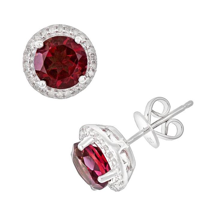 Sterling Silver Garnet And .15-ct. T.w. Diamond Frame Stud Earrings, Women's, Red