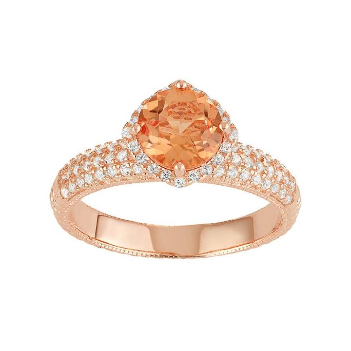 14k Rose Gold Over Silver Peach Quartz & Lab-created White Sapphire Halo Ring, Women's, Size: 8, Orange