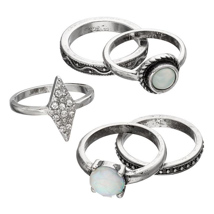 Antiqued Round Cabochon & Wavy Ring Set, Women's, Size: 7, Silver