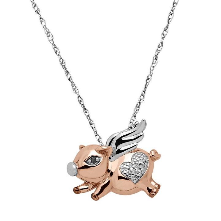Diamond Accent 18k Rose Gold Over Silver & Sterling Silver Flying Pig Pendant Necklace, Women's, Size: 18, White