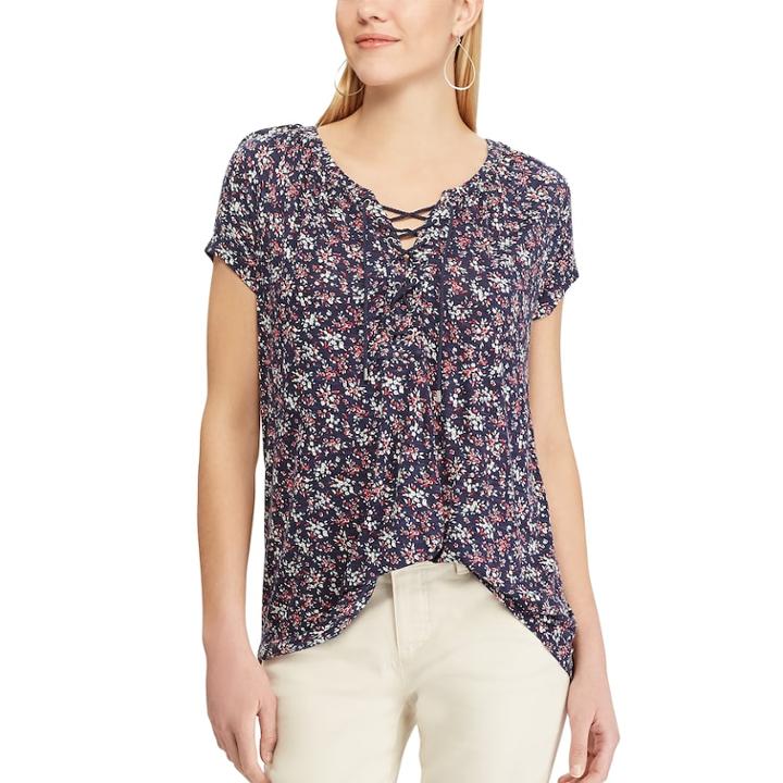 Women's Chaps Print Lace-up Top, Size: Medium, Blue (navy)