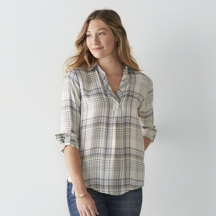 Women's Sonoma Goods For Life&trade; Plaid Top, Size: Medium, White Oth