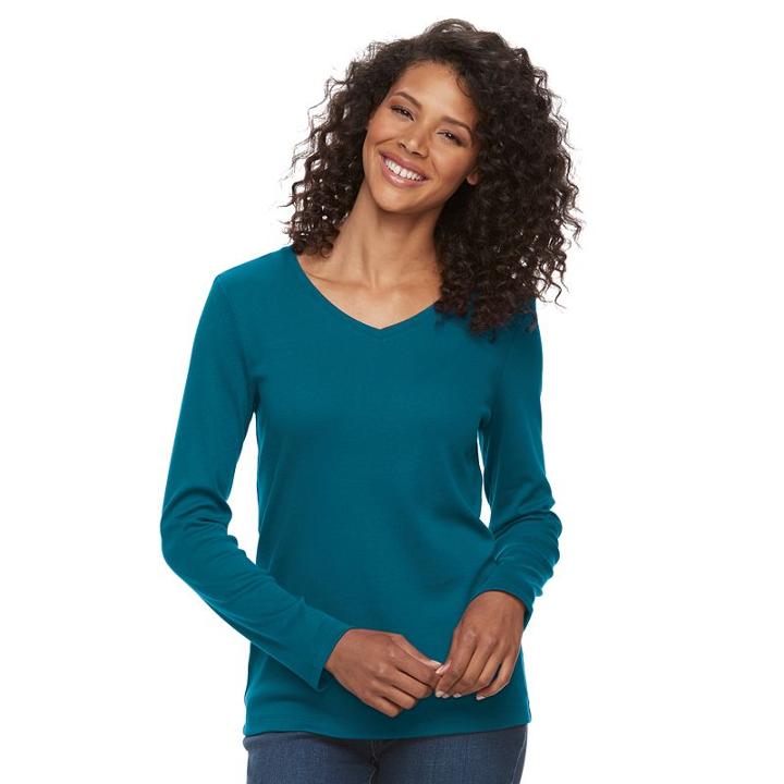 Women's Croft & Barrow&reg; Classic Long Sleeve V-neck Tee, Size: Small, Blue