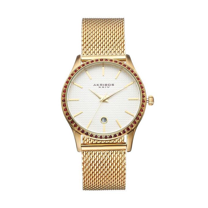 Akribos Xxiv Women's Glimmer Crystal Stainless Steel Mesh Watch, Yellow