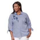 Plus Size Croft & Barrow&reg; Embroidered Button Down With Tie Sleeves, Women's, Size: 2xl, Blue (navy)