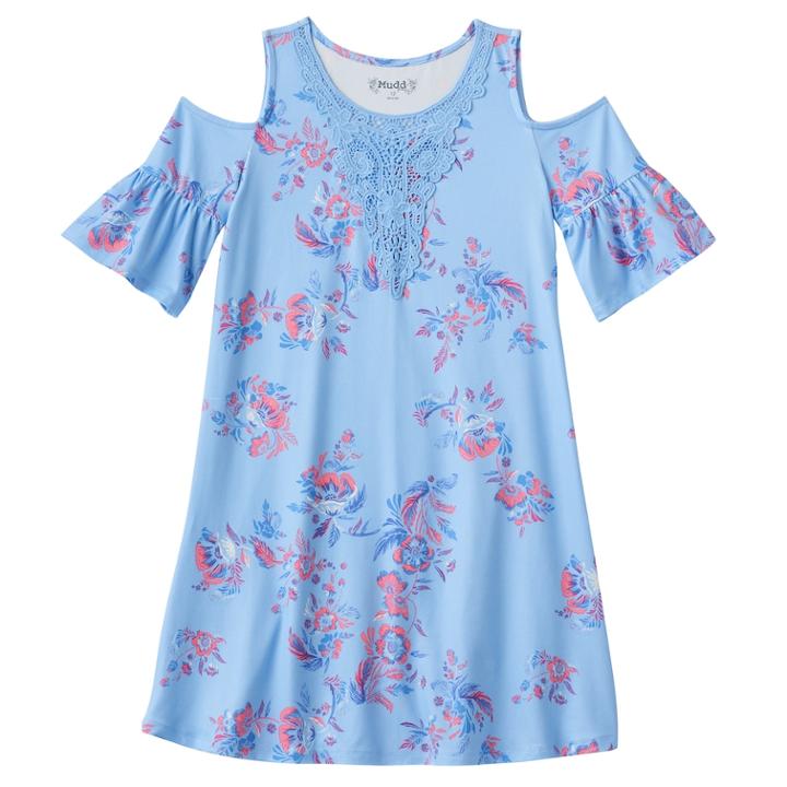Girls Plus Size Mudd&reg; Patterned Cold Shoulder Dress, Size: 20 1/2, Light Blue