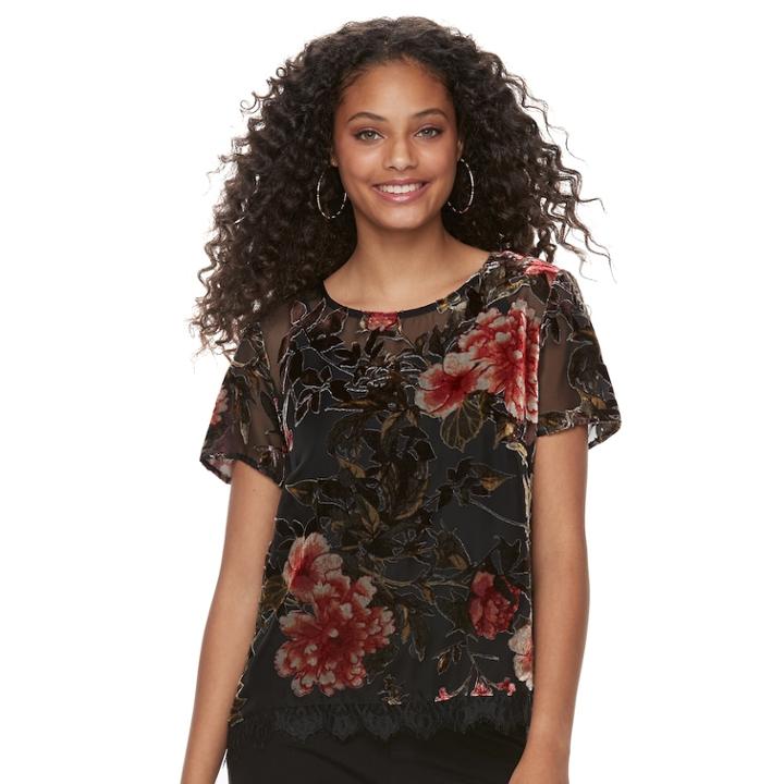 Juniors' Rewind Floral Velvet Burnout Tee, Teens, Size: Large, Light Grey