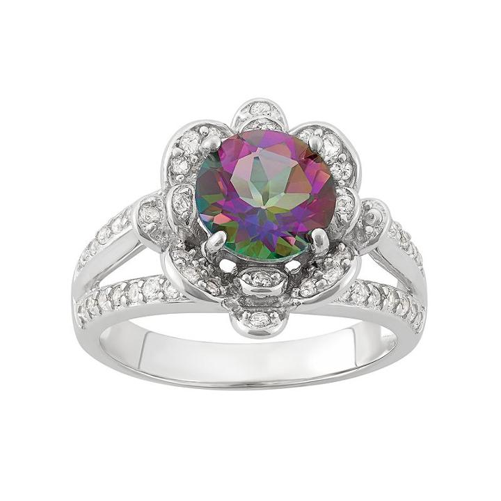 Mystic Topaz & Lab-created White Sapphire Sterling Silver Flower Ring, Women's, Size: 7, Green
