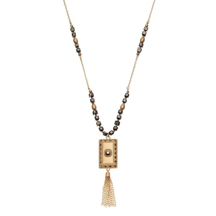 Cube Bead Long Rectangle Tassel Pendant Necklace, Women's, Gold