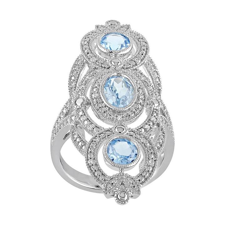 Sky Blue Topaz & 1/10 Carat T.w. Diamond Sterling Silver 3-stone Ring, Women's, Size: 8