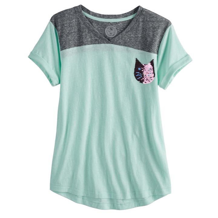 Girls 7-16 & Plus Size So&reg; Flippy Sequin Pocket V-neck Tee, Size: 16, Lt Green