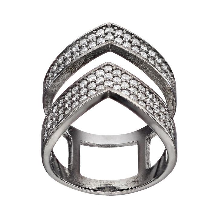 Cubic Zirconia Black Rhodium-plated Sterling Silver Chevron Ring, Women's, Size: 7, White