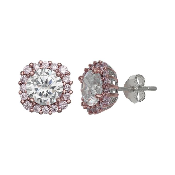 Primrose Two Tone Sterling Silver Cubic Zirconia Square Halo Earrings, Women's, White