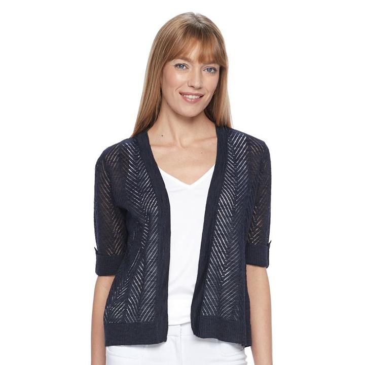 Women's Croft & Barrow&reg; Open Work Cropped Cardigan, Size: Large, Blue