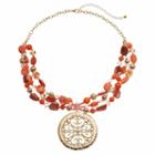 Peach Composite Shell Beaded Filigree Disc Necklace, Women's, Pink Other