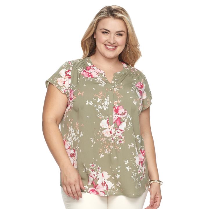 Plus Size Croft & Barrow&reg; Pleated Henley Top, Women's, Size: 1xl, Med Green