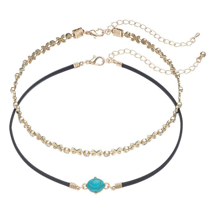 Floral Link & Simulated Turquoise Cabochon Choker Necklace Set, Women's, Turq/aqua