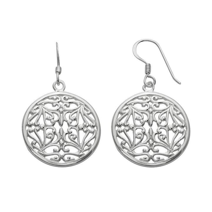 Silver Plated Filigree Disc Drop Earrings, Women's, Grey