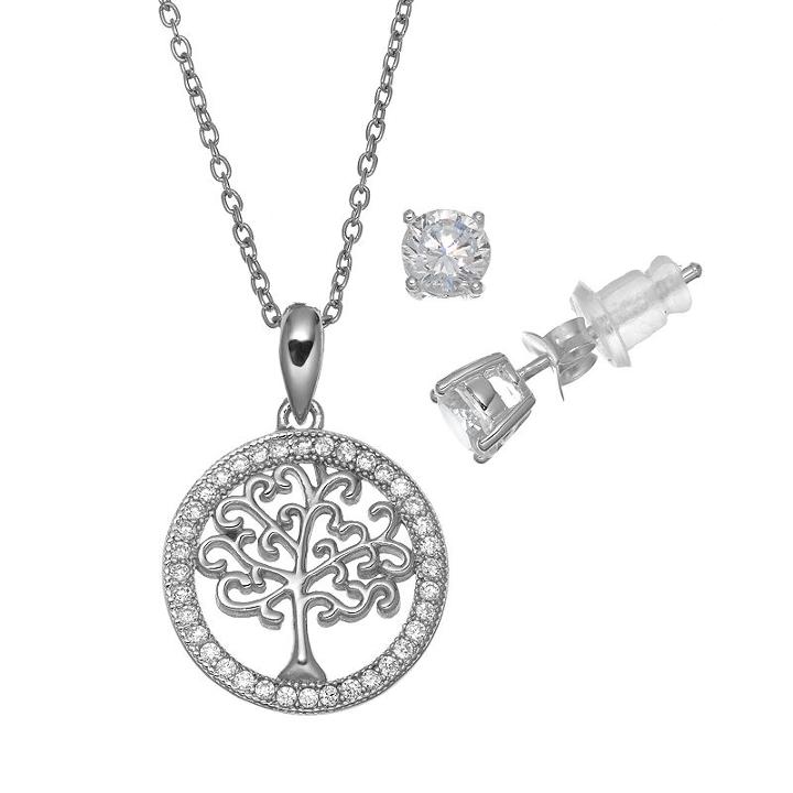 Pure 925 Cubic Zirconia Sterling Silver Family Tree Pendant Necklace & Stud Earring Set, Women's, Size: 18, Grey